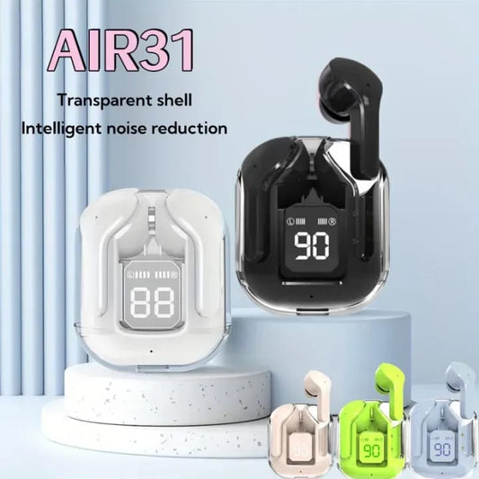 Air31 Earbuds Wireless Transparent Bluetooth 5.3 Air 31 Ear buds Wireless Headset Transparent Charging Case Heavy Bass Stereo Earphones Noise Reduction Sports Headset with Microphone Waterproof Headphone LED Digital Display